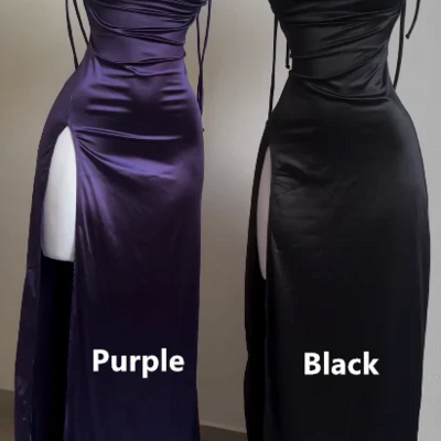 Straps backless purple and black satin long evening dress