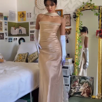 Vintage champagne straps backless long prom dress