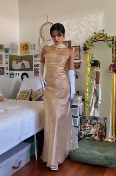 Vintage Champagne Straps Backless Long Prom Dress