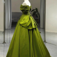 Off Shoulder Green Satin Sweetheart Prom Dress  - Thumbnail 1