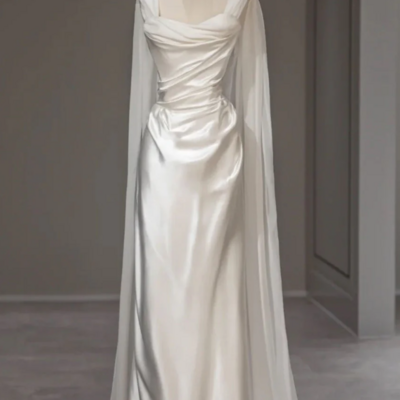 Elegant white satin pleats straps party dress