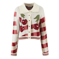 Vintage Embroidered Cherry POLO Collar Button Cardigan Cropped Sweater Knitwear - Thumbnail 1
