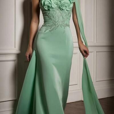 Simple green mermaid satin prom dress evening formal gown