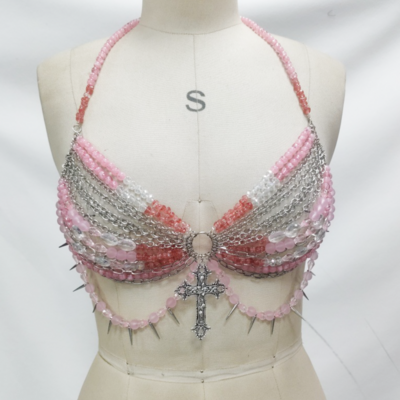 Colorful beaded tassel body chain halter neck top