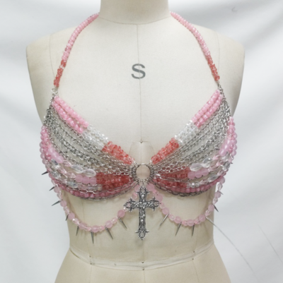 Colorful beaded tassel body chain halter neck top