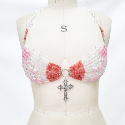 Colorful beaded tassel body chain halter neck top