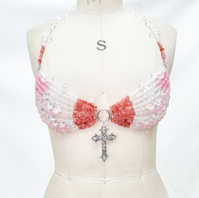 Colorful beaded tassel body chain halter neck top