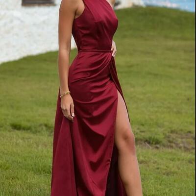 Elegant wine red burgundy satin prom dress evening formal gown - Thumbnail 1