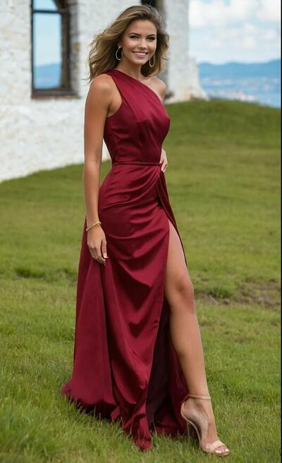 Elegant Wine Red Burgundy Satin Prom Dress Evening Formal Gown