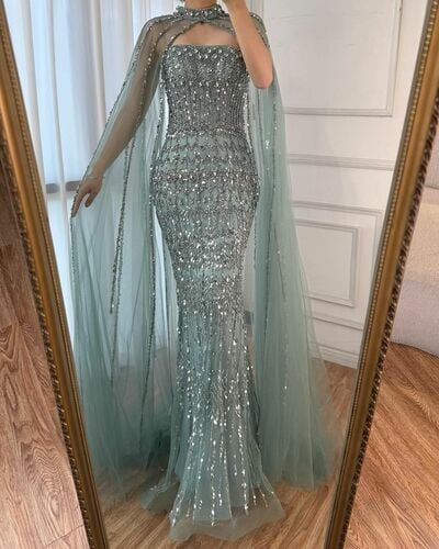 Luxury Mermaid Blue Sequins Beading Prom Dress Evening Formal Gown