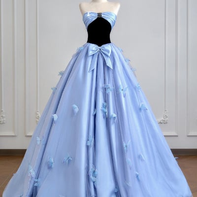 Black velvet and blue tulle long prom princess dress - Thumbnail 1