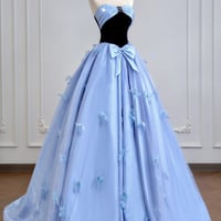 Black Velvet and Blue Tulle Long Prom Princess Dress - Thumbnail 1