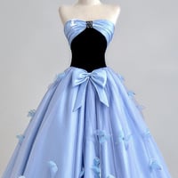Black Velvet and Blue Tulle Long Prom Princess Dress - Thumbnail 2