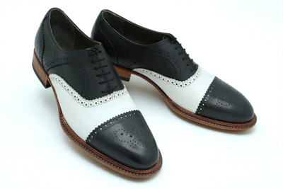 Crafted Leather Handmade Classic Black White Leather Triple Sole Handwelted Oxfords Lace up Dress Shoes