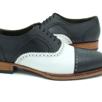 Crafted Leather Handmade Classic Black White Leather Triple Sole Handwelted Oxfords Lace up Dress Shoes - Thumbnail 4