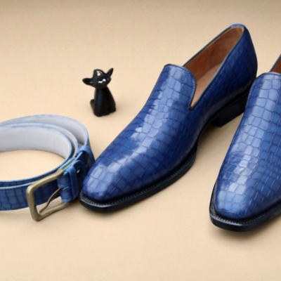 Crafted leather elegant and classic blue crocodile leather alligator loafers dress shoes with matching belt - Thumbnail 3