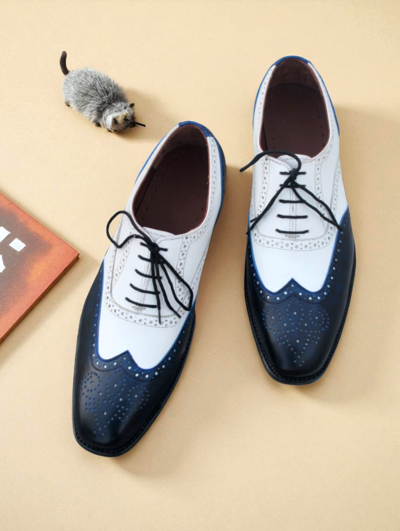 Crafted Leather Blue / White Leather Oxford Men Formal Lace up Dress Shoes