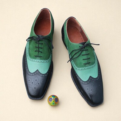 Crafted leather black green suede grain leather wingtip oxford men formal lace up dress shoes - Thumbnail 1