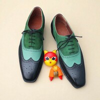 Crafted Leather Black Green Suede Grain Leather Wingtip Oxford Men Formal Lace up Dress Shoes - Thumbnail 1