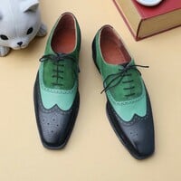 Crafted Leather Black Green Suede Grain Leather Wingtip Oxford Men Formal Lace up Dress Shoes - Thumbnail 2