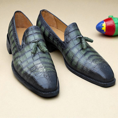 Crafted leather handmade mens green crocodile/alligator tassel loafers dress shoes  - Thumbnail 2