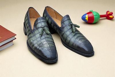 Crafted Leather Handmade Mens Green Crocodile/Alligator Tassel Loafers Dress Shoes 