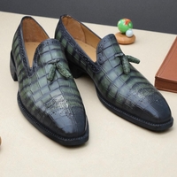 Crafted Leather Handmade Mens Green Crocodile/Alligator Tassel Loafers Dress Shoes  - Thumbnail 1