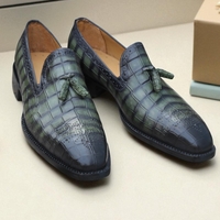 Crafted Leather Handmade Mens Green Crocodile/Alligator Tassel Loafers Dress Shoes  - Thumbnail 2