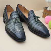 Crafted Leather Handmade Mens Green Crocodile/Alligator Tassel Loafers Dress Shoes  - Thumbnail 3