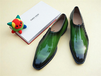 Crafted Leather Stunning and Classic Green Patina Crocodile Leather Alligator Side Laces Dress Shoes