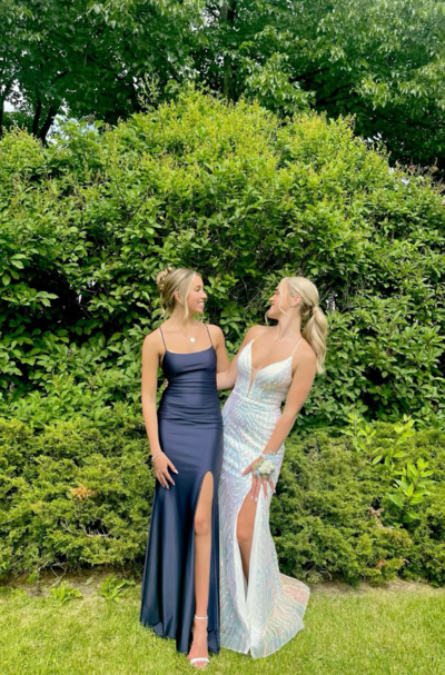 Sheath Split Black Satin Split Long Prom Dresses