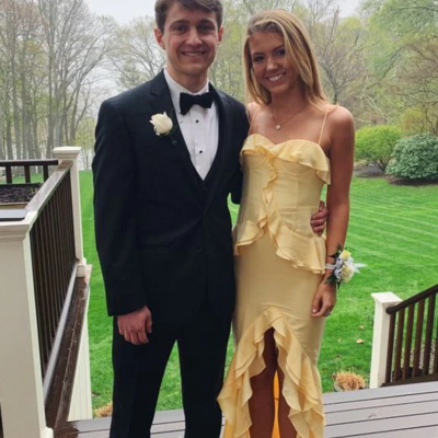 Yellow spaghetti straps ruffle party dresses