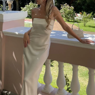 Strapless satin maxi dress wedding guest dress