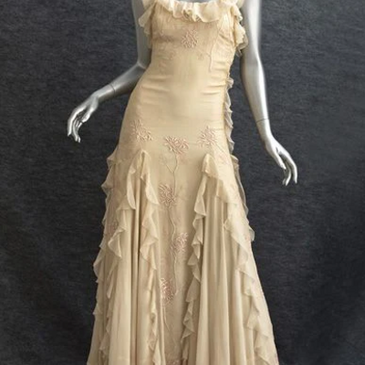 Spaghetti straps light yellow ruffle embroidery party dress