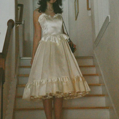 Spaghetti straps ivory a-line tea length formal prom dress