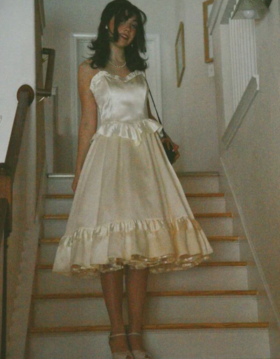 Spaghetti Straps Ivory A-Line Tea Length Formal Prom Dress