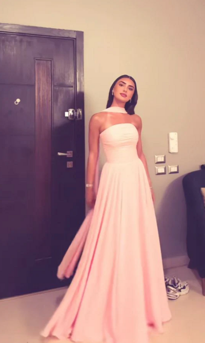 Strapless A-Line Pink Long Party Dresses
