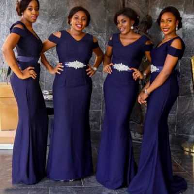 Mermaid v neck blue bridesmaid dresses waist with rhinestones