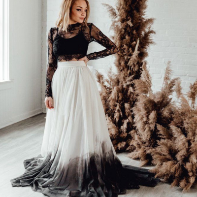 Beautiful two piece black party dress with sleeves - Thumbnail 1