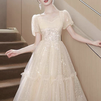 Champagne Tulle Short A-Line Prom Party Dress - Thumbnail 1