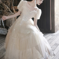 Champagne Tulle Short A-Line Prom Party Dress - Thumbnail 2