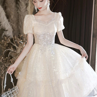 Champagne Tulle Short A-Line Prom Party Dress - Thumbnail 4
