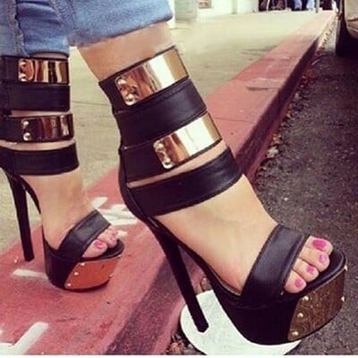 Women's roman sandals metal plate rivet waterproof platform high heels - Thumbnail 2