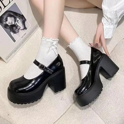 Gothic Kawaii Ankle Strap Chunky Heels Shoes