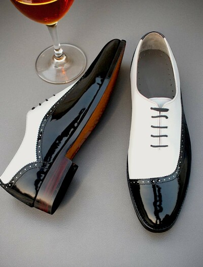 Crafted Leather Stunning Men Black Patent White Leather Dress Shoes