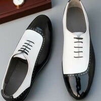 Crafted Leather Stunning Men Black Patent White Leather Dress Shoes - Thumbnail 1