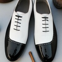 Crafted Leather Stunning Men Black Patent White Leather Dress Shoes - Thumbnail 2