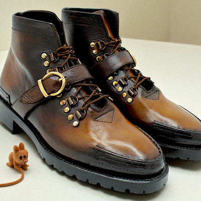 Crafted leather men dress shoes brown patina leather ankle high lace up monk strap boot
