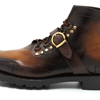 Crafted Leather Men Dress Shoes Brown Patina Leather Ankle High Lace up Monk Strap Boot - Thumbnail 1