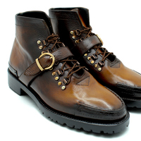 Crafted Leather Men Dress Shoes Brown Patina Leather Ankle High Lace up Monk Strap Boot - Thumbnail 2